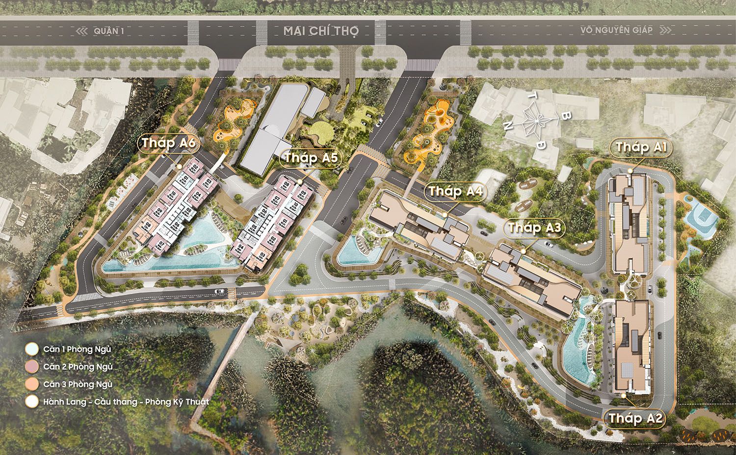 Layout tổng thể Eaton Park: sáu tháp A1 đến A6, khối đế, hồ bơi và công viên ven rạch