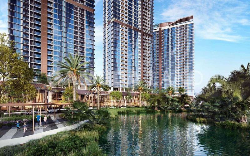 Phối cảnh tháp Eaton Park bên rạch Bà Dạt với lối đi và cây xanh