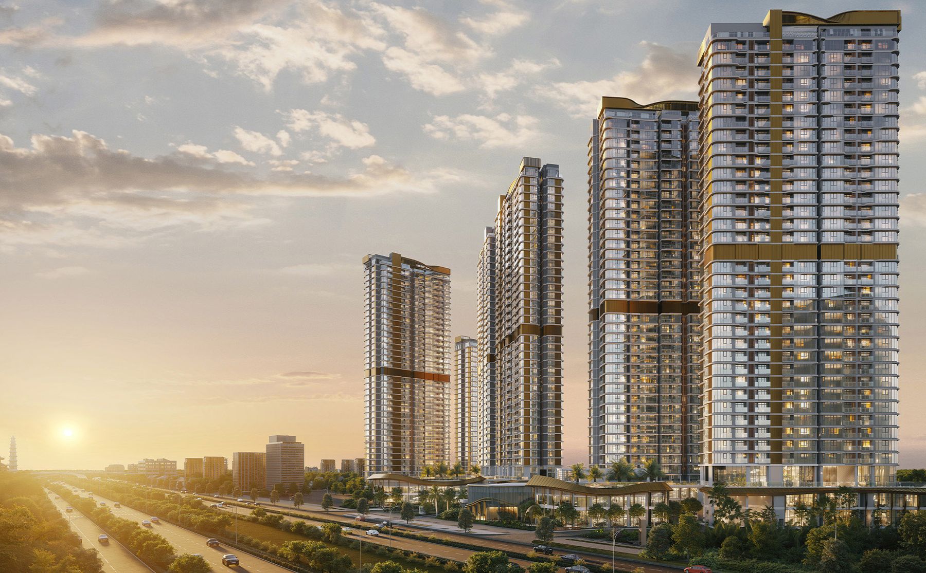 Phối cảnh sáu tháp Eaton Park lúc hoàng hôn, nhìn từ đại lộ Mai Chí Thọ