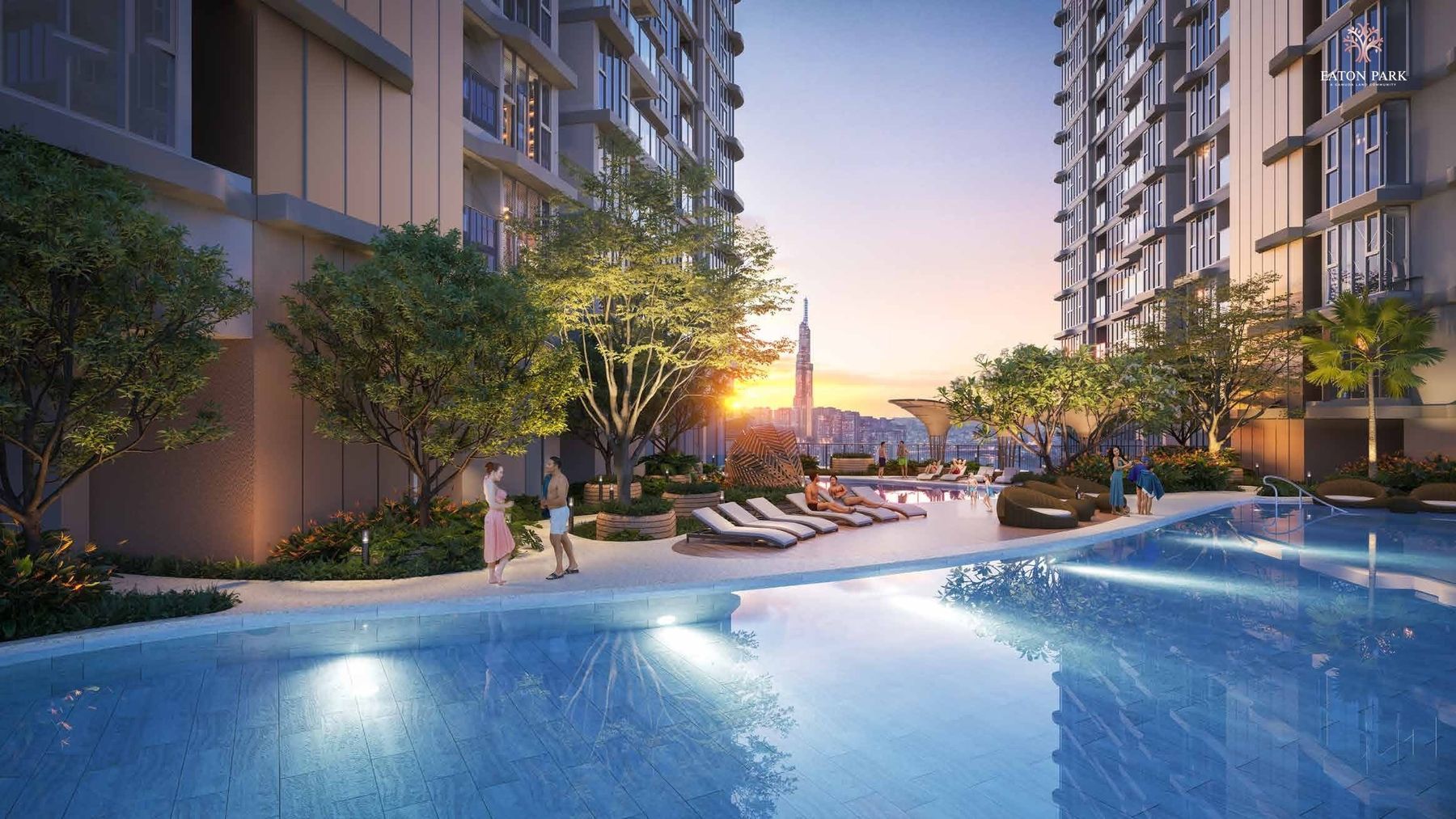 Hồ bơi vô cực trên khối đế Eaton Park nhìn ra rạch Bà Dạt