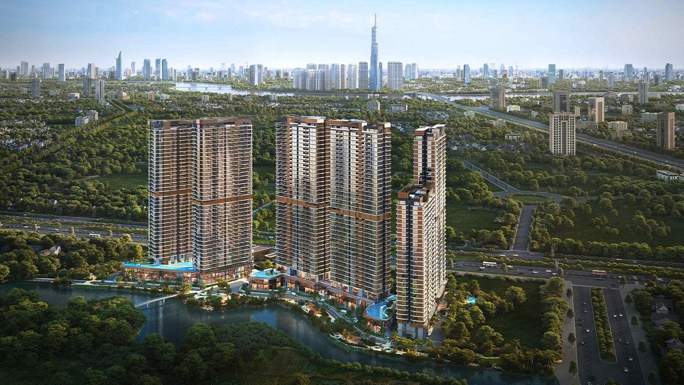 Phối cảnh tổng thể Eaton Park nhìn từ trên cao — 6 tòa tháp bên công viên ven rạch, hướng về trung tâm TP.HCM